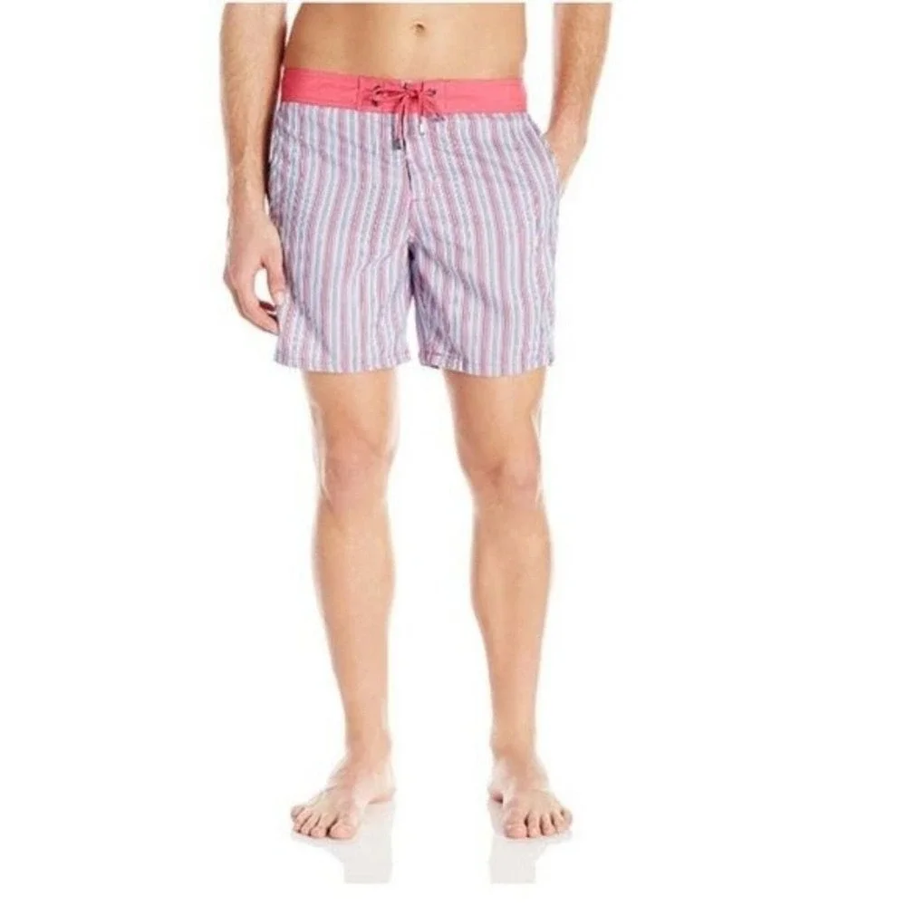 Mr Swim Shorts Mens 36 Pink Blue Pinstripe Drawstring Board Trunks‎ NWT Summer